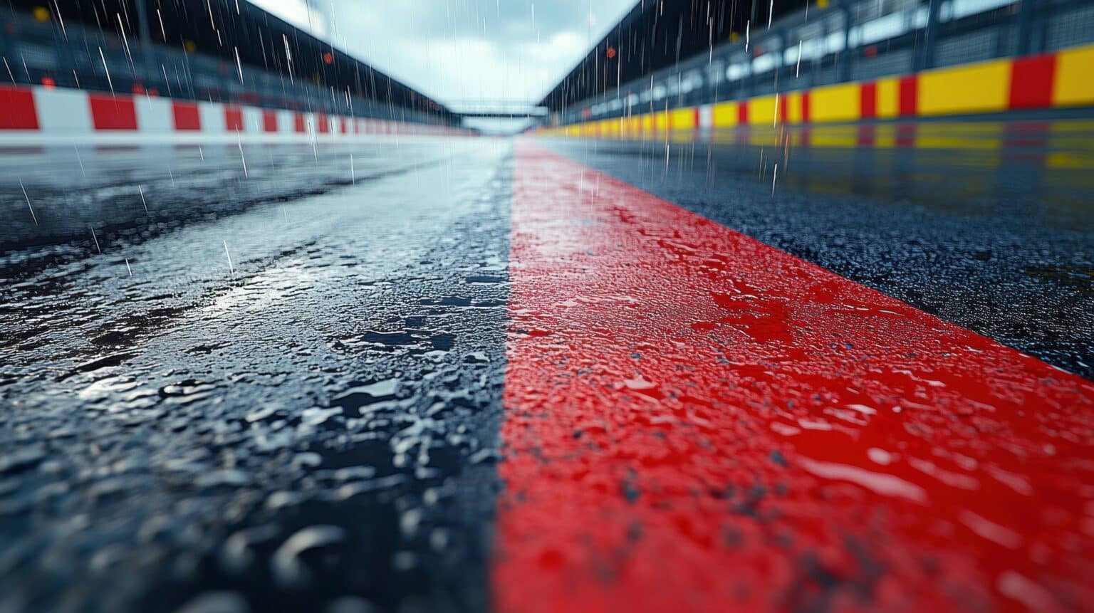Wet racetrack, rain, low angle, pit lane, motorsport